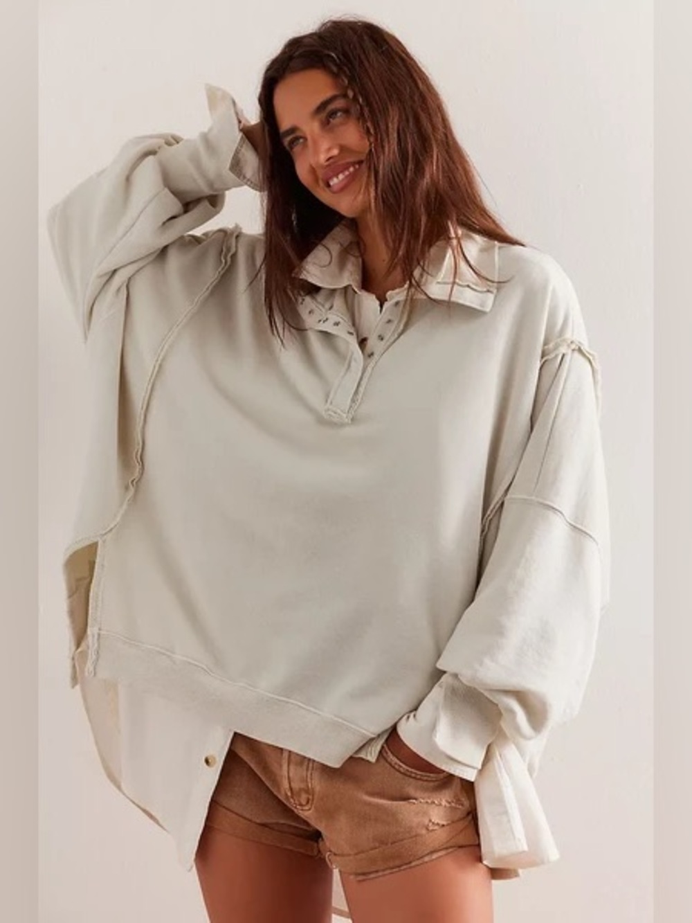 We the Free People Camden Henley Sweater Size XS Oversized Boho Raw Hem Grunge